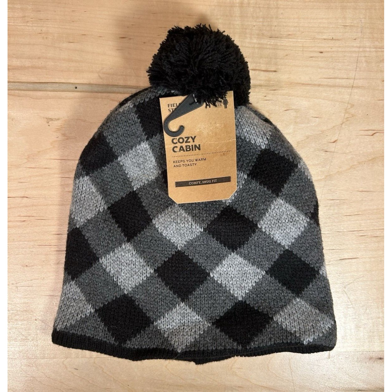 Field & Stream Women's Cabin Buffalo Checkered Pom Beanie Hat Gray Black